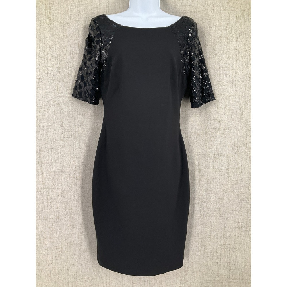 Calvin Klein Sheath Dress Women  4 Black Sequin Sleeve‎ V-Back Cocktail Evening